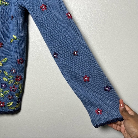 VTG 90s Women Cottage Core Cardigan Sweater Medium Blue Floral Embroidered - Picture 2 of 11